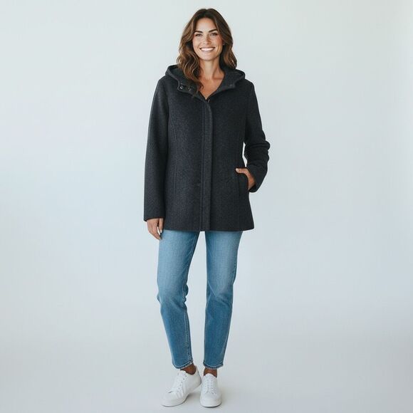 GAP Women’s Coat Size L Charcoal Hooded Recycled Wool Zip-Front Winter Jacket - Picture 16 of 16